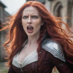 A striking image of a middle-aged, petite lady, with vampire-like pale skin and flowing long red hair. She's garbed in medieval version of Attack on Titan attire, radiating an aura of valor and defiance.