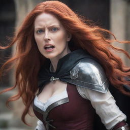 A striking image of a middle-aged, petite lady, with vampire-like pale skin and flowing long red hair. She's garbed in medieval version of Attack on Titan attire, radiating an aura of valor and defiance.