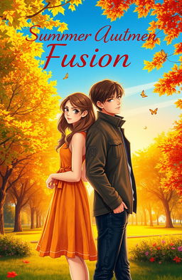 A romantic, summer-autumn fusion cover featuring a vibrant, sunlit park with trees displaying a mix of green leaves and a hint of golden autumn foliage