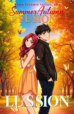 A romantic, summer-autumn fusion cover featuring a vibrant, sunlit park with trees displaying a mix of green leaves and a hint of golden autumn foliage