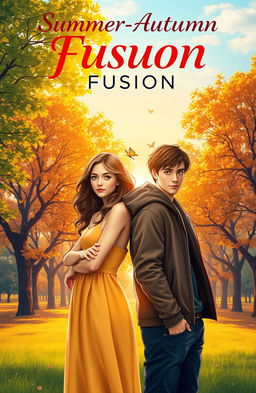 A romantic, summer-autumn fusion cover featuring a vibrant, sunlit park with trees displaying a mix of green leaves and a hint of golden autumn foliage