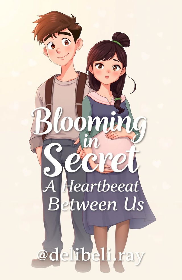 An animated book cover featuring a tall, handsome young college boy standing alongside a young college girl who is visibly pregnant