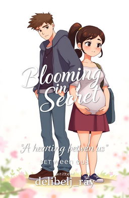 An animated book cover featuring a tall, handsome young college boy standing alongside a young college girl who is visibly pregnant