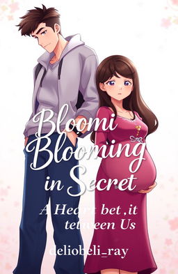 An animated book cover featuring a tall, handsome young college boy standing alongside a young college girl who is visibly pregnant