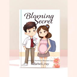 An animated book cover featuring a tall, handsome young college boy standing beside a young college girl who is visibly pregnant