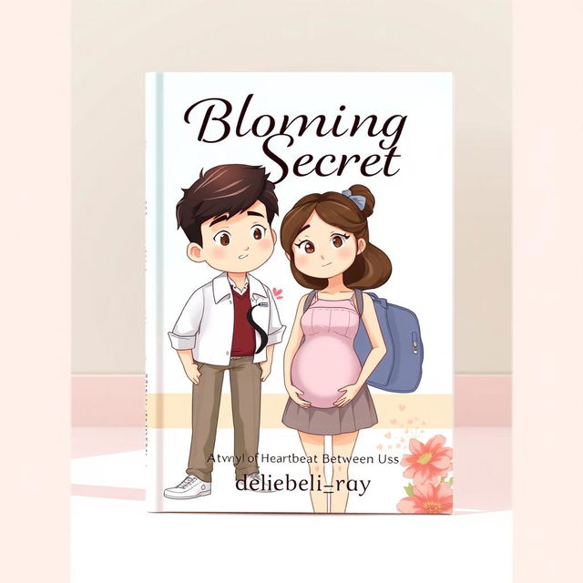 An animated book cover featuring a tall, handsome young college boy standing beside a young college girl who is visibly pregnant