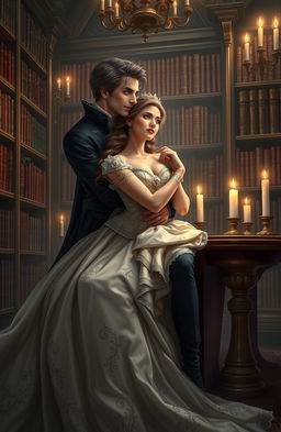 A royal princess romantically embracing a vampire prince in an elegant, dimly lit library filled with ancient books and rich wooden shelves