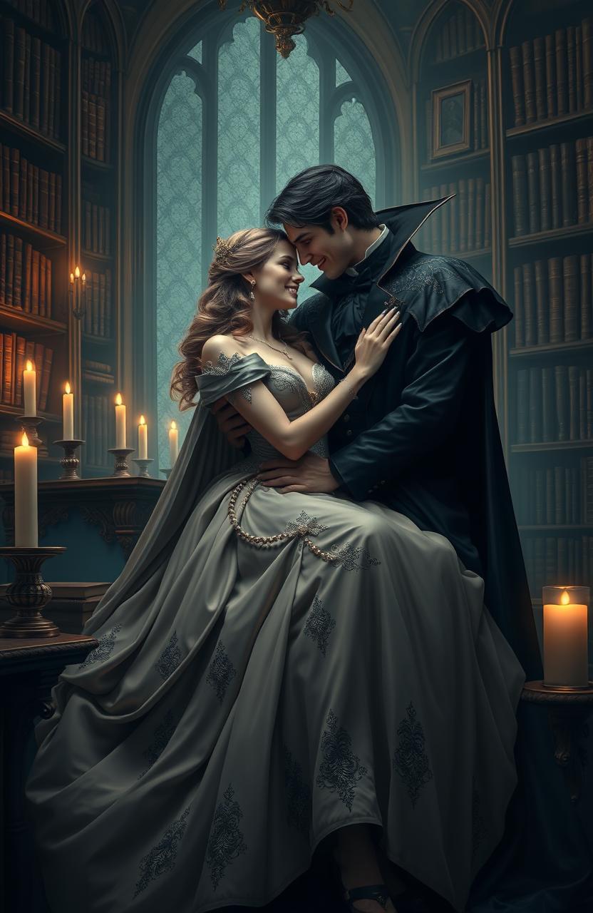 A royal princess romantically embracing a vampire prince in an elegant, dimly lit library filled with ancient books and rich wooden shelves