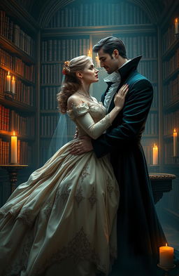 A royal princess romantically embracing a vampire prince in an elegant, dimly lit library filled with ancient books and rich wooden shelves