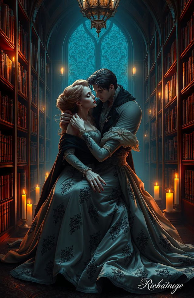 A royal princess romantically embracing a vampire prince in an elegant, dimly lit library filled with ancient books and rich wooden shelves