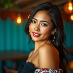 A beautiful Indonesian woman with Southeast Asian mixed heritage, showcasing her striking features and captivating beauty