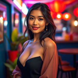 A beautiful Indonesian woman with Southeast Asian mixed heritage, showcasing her striking features and captivating beauty