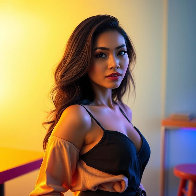 A beautiful Indonesian woman with Southeast Asian mixed heritage, showcasing her striking features and captivating beauty