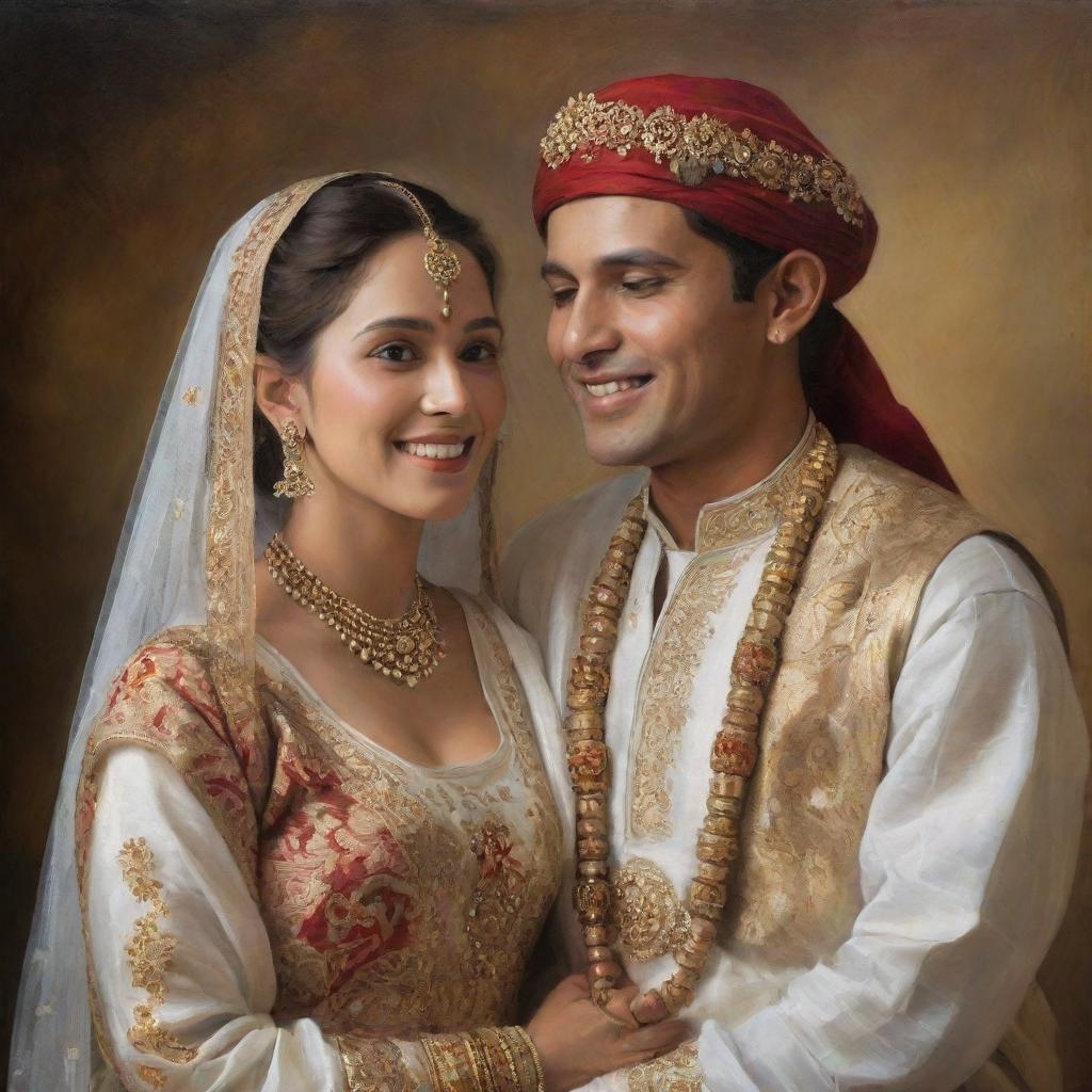 A newly married couple, adorned in traditional attire, embodying the depth, texture, and radiant glow typical of a classical oil painting as they pose in a moment of shared love and joy.