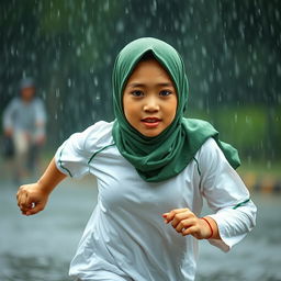 An Indonesian junior high school student running in heavy rain, showcasing her beauty with an oval face and healthy white skin