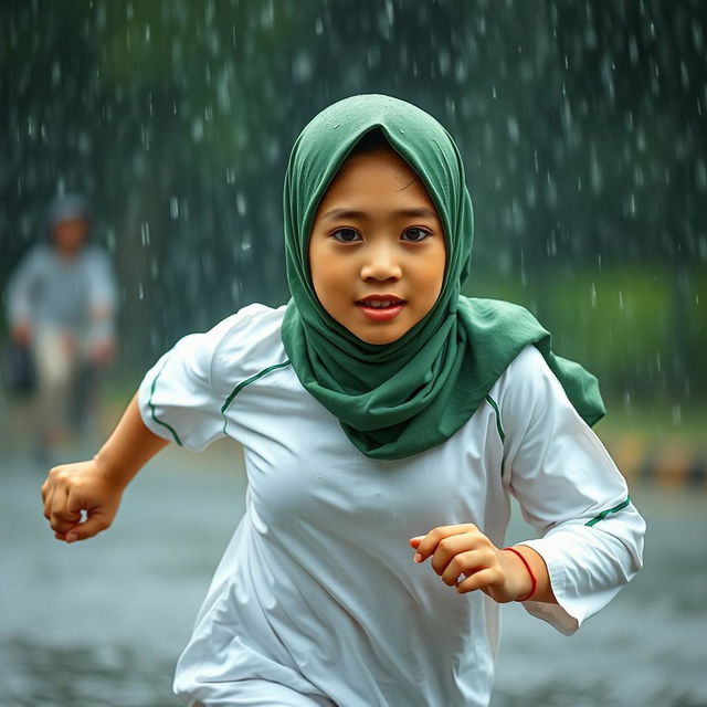 An Indonesian junior high school student running in heavy rain, showcasing her beauty with an oval face and healthy white skin