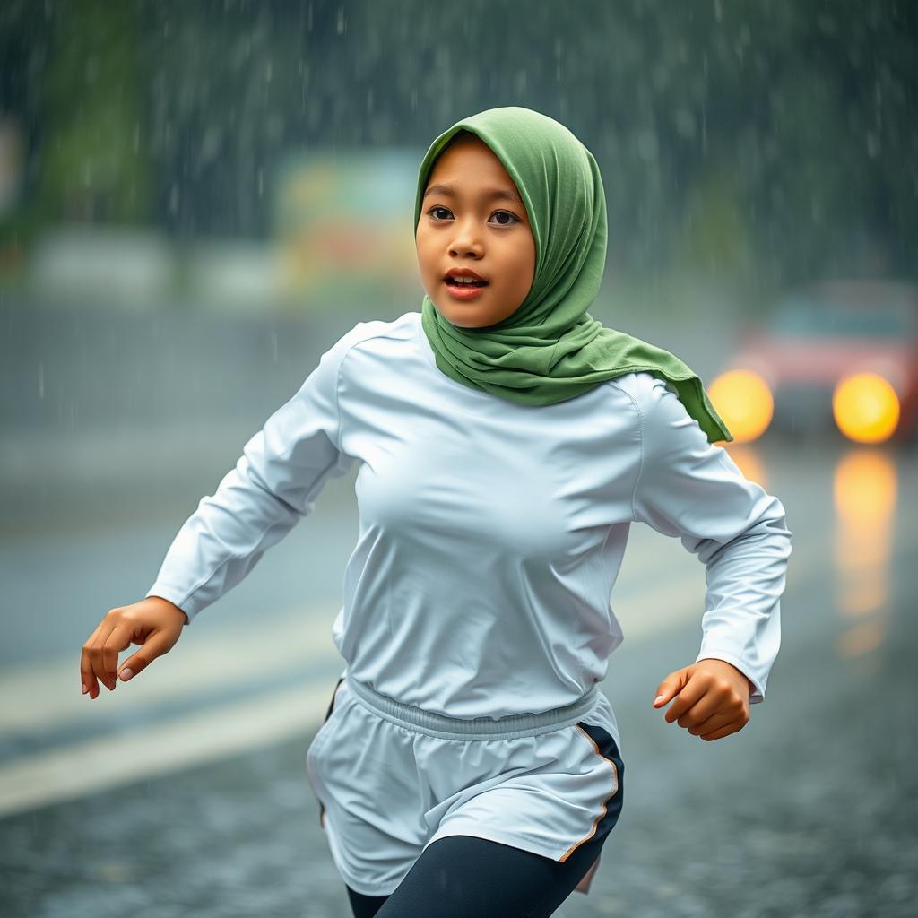 An Indonesian junior high school student running in heavy rain, showcasing her beauty with an oval face and healthy white skin