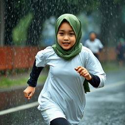 An Indonesian junior high school student running in heavy rain, showcasing her beauty with an oval face and healthy white skin