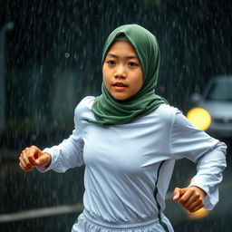 An Indonesian junior high school student running in heavy rain, showcasing her beauty with an oval face and healthy white skin