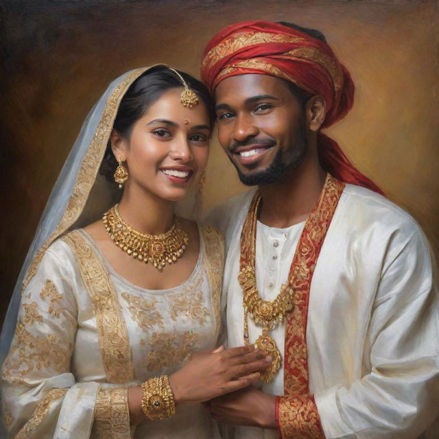 A newly married couple, adorned in traditional attire, embodying the depth, texture, and radiant glow typical of a classical oil painting as they pose in a moment of shared love and joy.