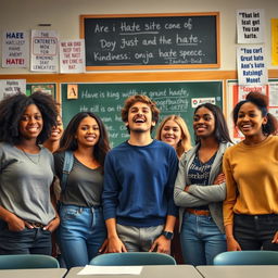 A dramatic scene depicting a group of diverse students in a high school environment, passionately discussing anti hate speech