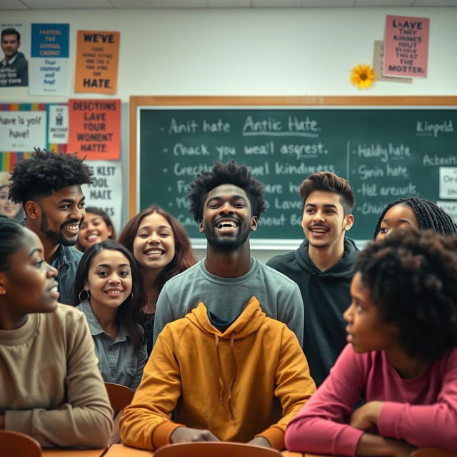 A dramatic scene depicting a group of diverse students in a high school environment, passionately discussing anti hate speech