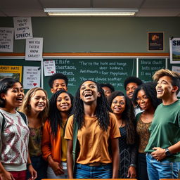 A dramatic scene depicting a group of diverse students in a high school environment, passionately discussing anti hate speech