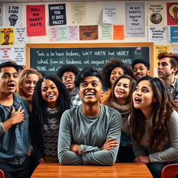 A dramatic scene depicting a group of diverse students in a high school environment, passionately discussing anti hate speech
