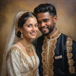 A newly married couple, adorned in traditional attire, embodying the depth, texture, and radiant glow typical of a classical oil painting as they pose in a moment of shared love and joy.