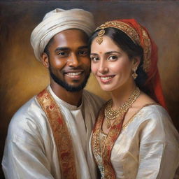 A newly married couple, adorned in traditional attire, embodying the depth, texture, and radiant glow typical of a classical oil painting as they pose in a moment of shared love and joy.