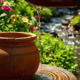 A cracked pot with water slowly dripping from its edges, creating a serene and peaceful ambiance