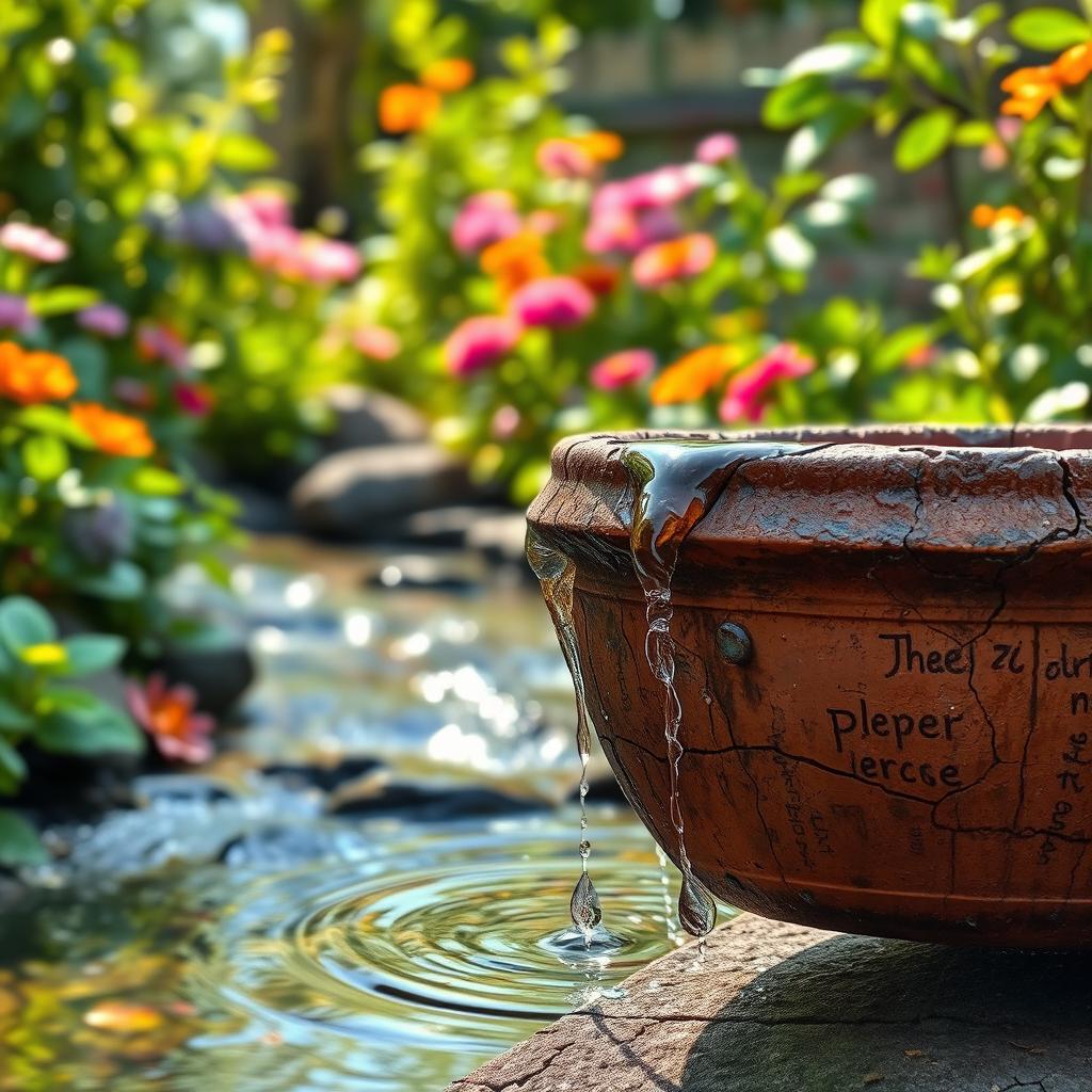 A cracked pot with water slowly dripping from its edges, creating a serene and peaceful ambiance