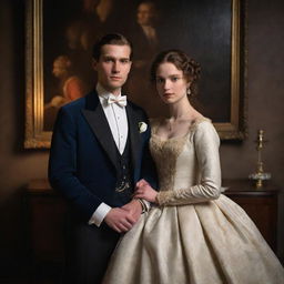 A newlywed couple dressed in refined period clothing, captured in an intimate pose that echoes timeless love, designed with the rich textures, deep color tones, and illuminative lighting typical of classical oil paintings.