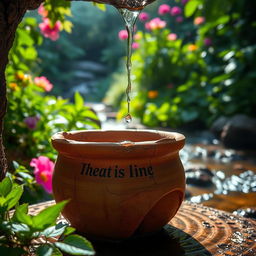 A cracked pot with water slowly dripping from its edges, creating a serene and peaceful ambiance