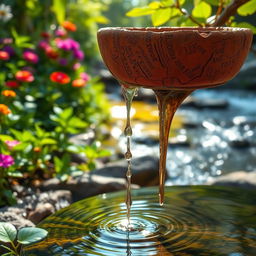 A cracked pot with water slowly dripping from its edges, creating a serene and peaceful ambiance