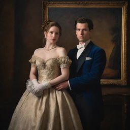 A newlywed couple dressed in refined period clothing, captured in an intimate pose that echoes timeless love, designed with the rich textures, deep color tones, and illuminative lighting typical of classical oil paintings.