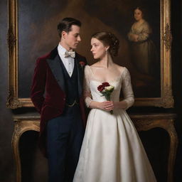 A newlywed couple dressed in refined period clothing, captured in an intimate pose that echoes timeless love, designed with the rich textures, deep color tones, and illuminative lighting typical of classical oil paintings.