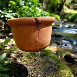 A cracked pot positioned in a serene natural setting, with water dripping steadily from its bottom