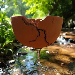A cracked pot positioned in a serene natural setting, with water dripping steadily from its bottom