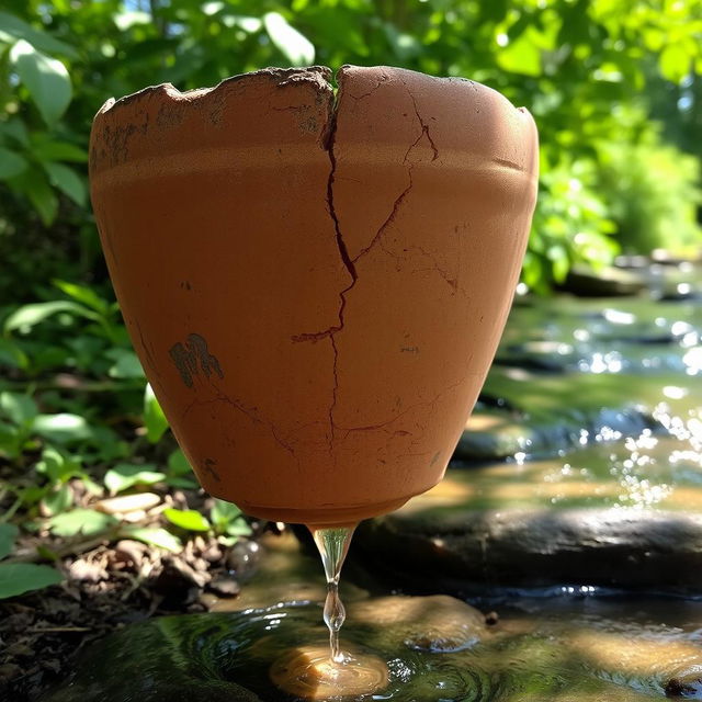 A cracked pot positioned in a serene natural setting, with water dripping steadily from its bottom