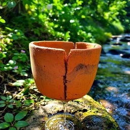 A cracked pot positioned in a serene natural setting, with water dripping steadily from its bottom