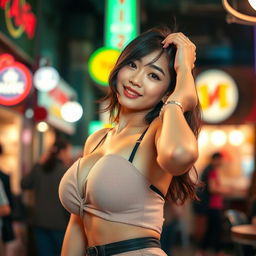 A beautiful young mixed Korean girl with large breasts and an attractive figure, exuding a captivating charm