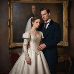 A newlywed couple dressed in refined period clothing, captured in an intimate pose that echoes timeless love, designed with the rich textures, deep color tones, and illuminative lighting typical of classical oil paintings.