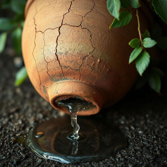 A cracked clay pot with a rustic, weathered look, positioned slightly tilted on a textured surface