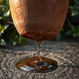 A cracked clay pot with a rustic, weathered look, positioned slightly tilted on a textured surface