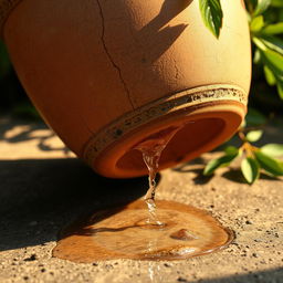 A cracked clay pot with a rustic, weathered look, positioned slightly tilted on a textured surface