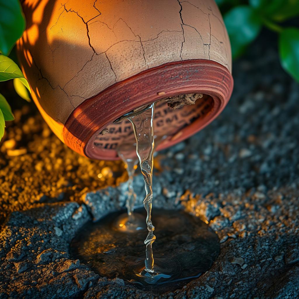 A cracked clay pot with a rustic, weathered look, positioned slightly tilted on a textured surface