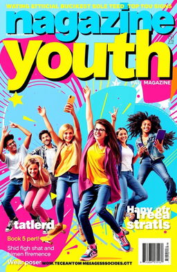 A vibrant and modern magazine cover aimed at youth, featuring dynamic typography with the magazine title prominently displayed at the top