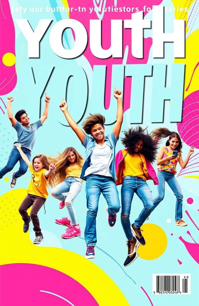 A vibrant and modern magazine cover aimed at youth, featuring dynamic typography with the magazine title prominently displayed at the top