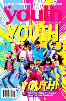 A vibrant and modern magazine cover aimed at youth, featuring dynamic typography with the magazine title prominently displayed at the top